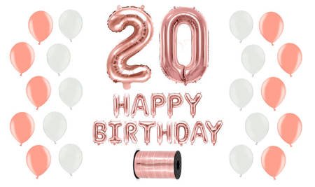 Zestaw Balonów na 20 urodziny - różowe złoto z białymi akcentami